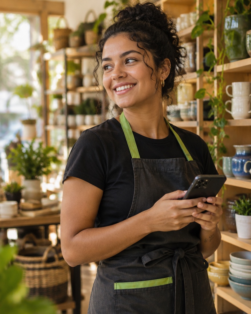 Atendente de loja respondendo cliente pelo celular