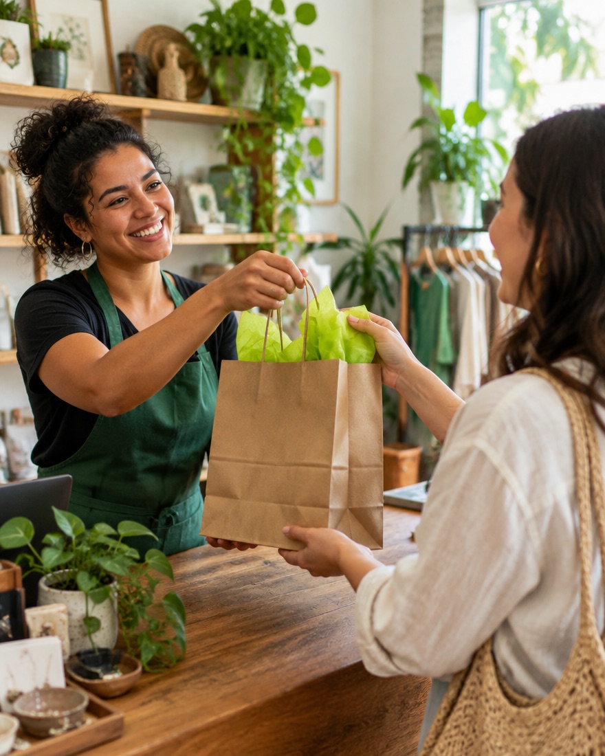 Lojista entregando sacola de compra para cliente satisfeita